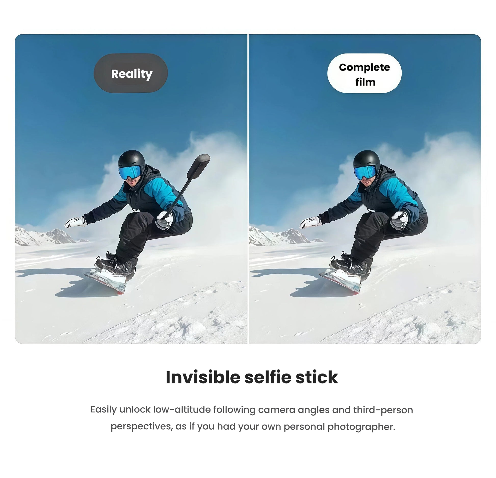 An image of a snowboarder showing how the selfie stick completely disappears in the final shot, an iconic feature of the Insta360 X4 Air that creates amazing third-person perspectives.