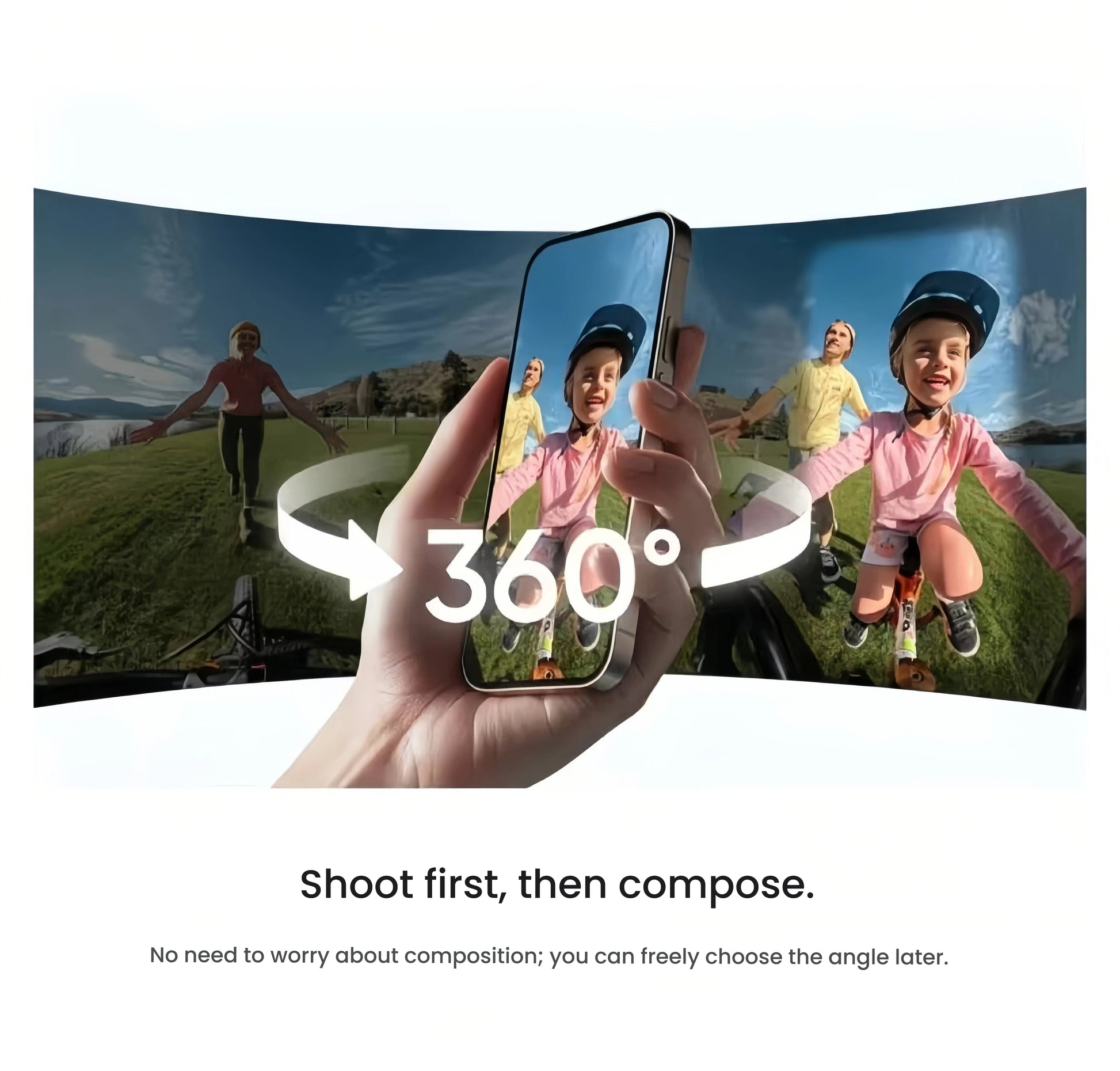 An infographic demonstrating the reframing capability of the Insta360 X4 Air, where a user freely chooses the angle on their phone after capturing a 360 video of a family cycling.