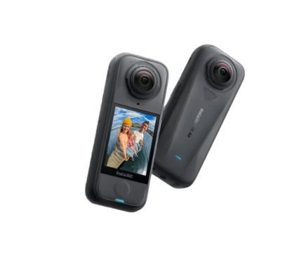 The Insta360 X4 Air 8K 360 action camera, showing the front view with its large touchscreen and the back view with a sleek, textured grip design.