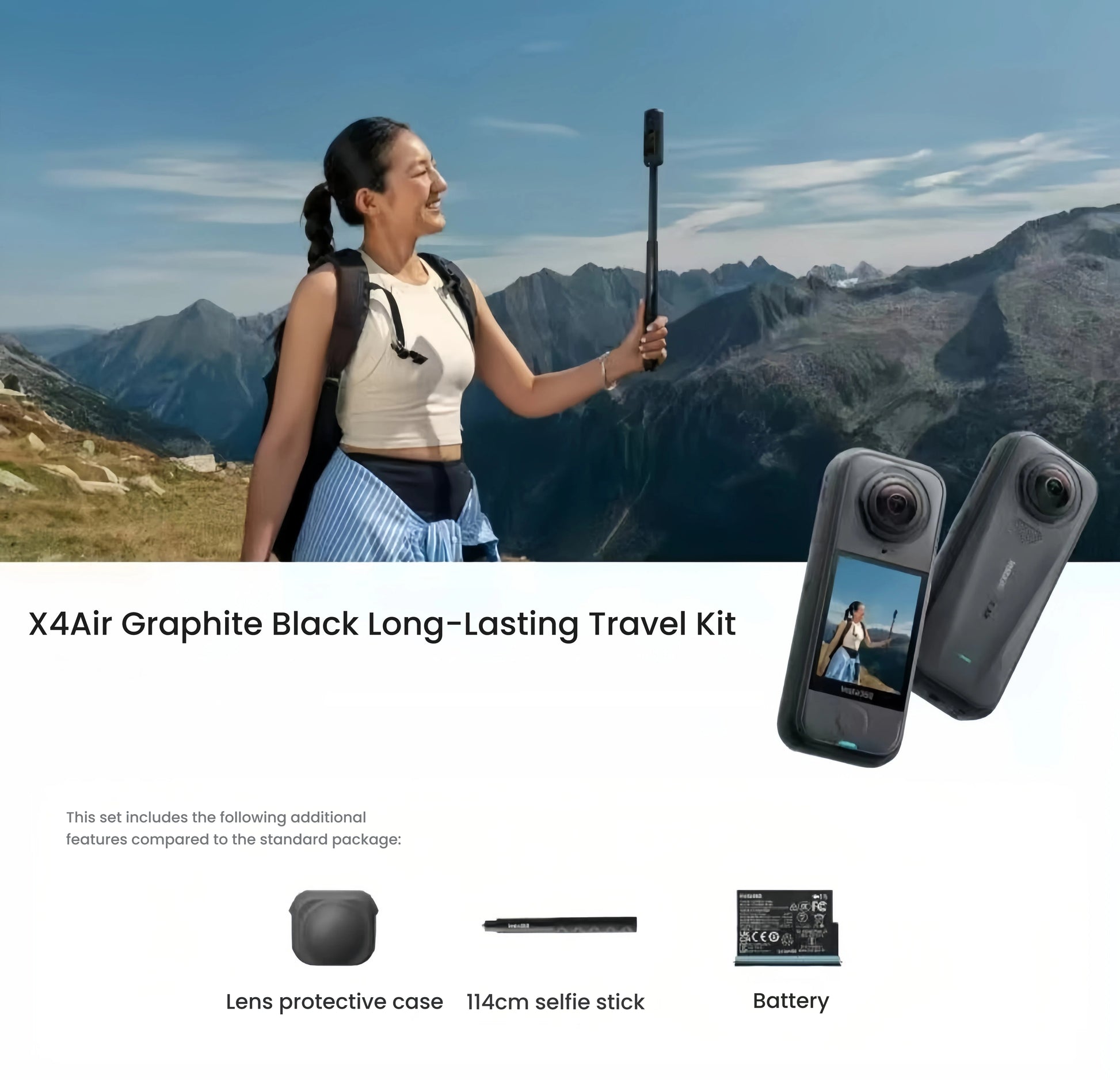  The Insta360 X4 Air Graphite Black Long-Lasting Travel Kit for adventure. The image shows the camera, a protective lens case, a 114cm selfie stick, and an extra battery.