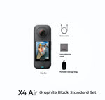 The contents of the Insta360 X4 Air Graphite Black Standard Set, including the 8K camera, a data cable, a lens cleaning cloth, and a portable storage bag.