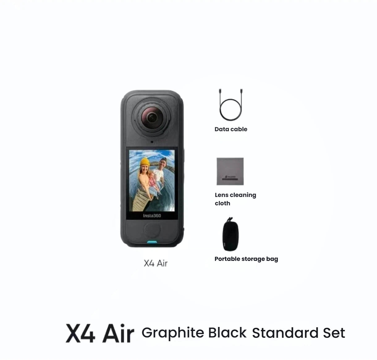 The contents of the Insta360 X4 Air Graphite Black Standard Set, including the 8K camera, a data cable, a lens cleaning cloth, and a portable storage bag.