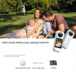 The Insta360 X4 Air Smart White Long-Lasting Travel Kit, shown with a family enjoying a picnic. The kit includes a lens protective case, a 114cm selfie stick, and an extra battery.