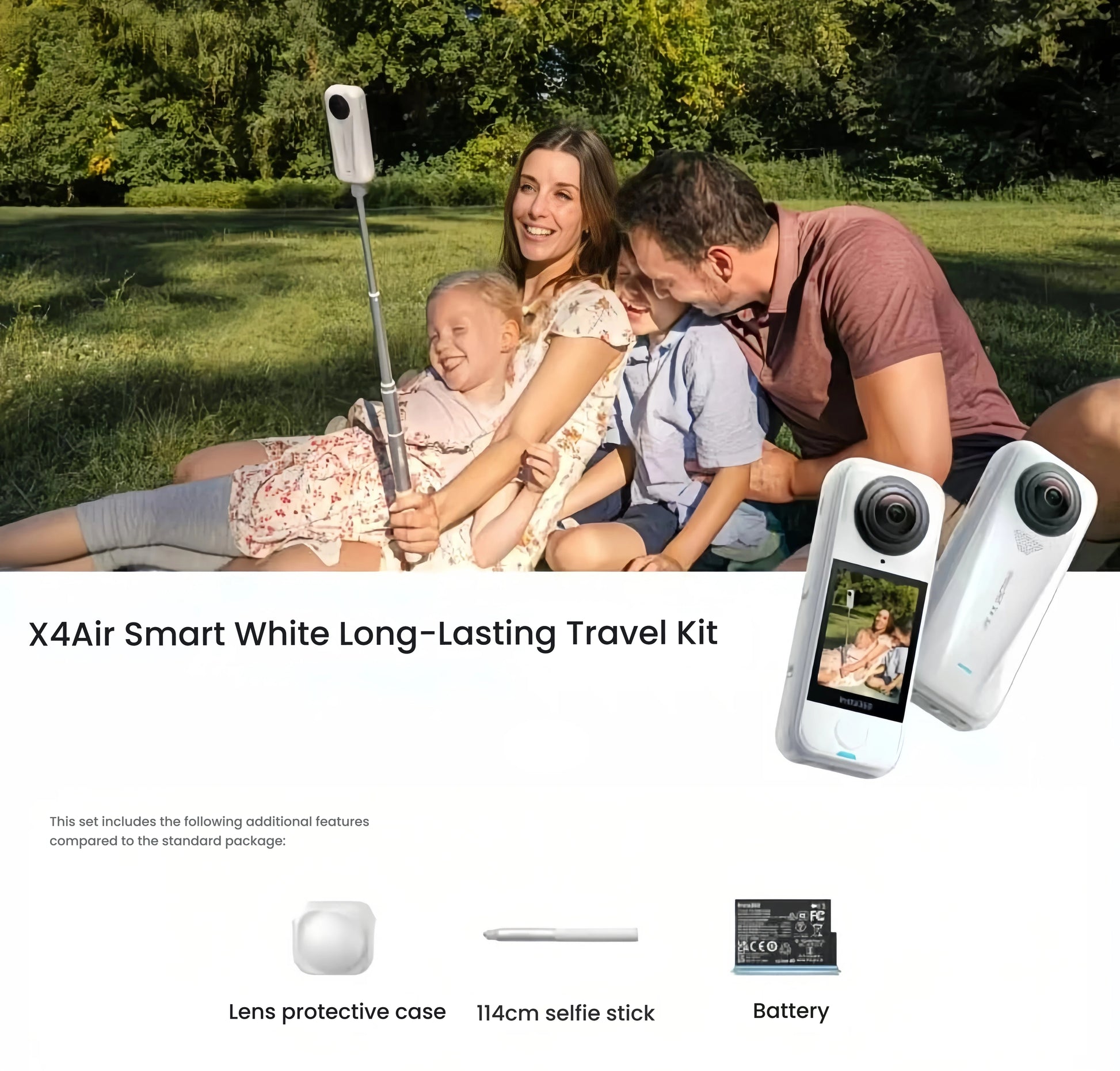 The Insta360 X4 Air Smart White Long-Lasting Travel Kit, shown with a family enjoying a picnic. The kit includes a lens protective case, a 114cm selfie stick, and an extra battery.