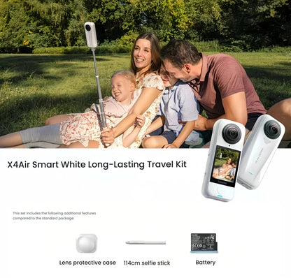 The Insta360 X4 Air Smart White Long-Lasting Travel Kit, shown with a family enjoying a picnic. The kit includes a lens protective case, a 114cm selfie stick, and an extra battery.