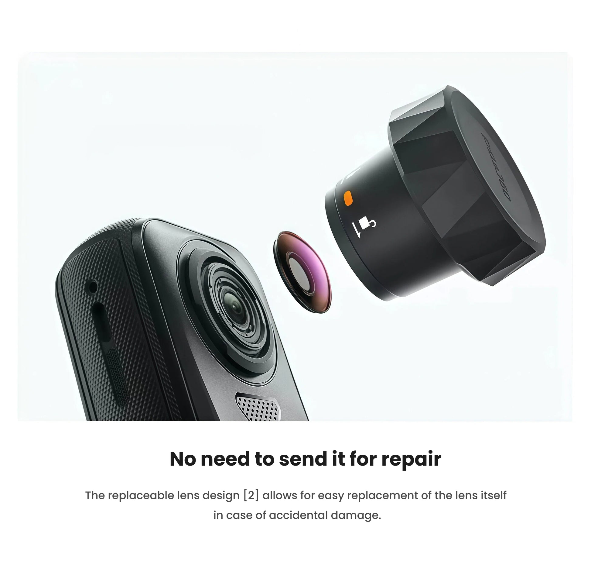 A close-up view of the Insta360 X4 Air's replaceable lens design, highlighting how users can easily swap out a damaged lens themselves without needing a professional repair.