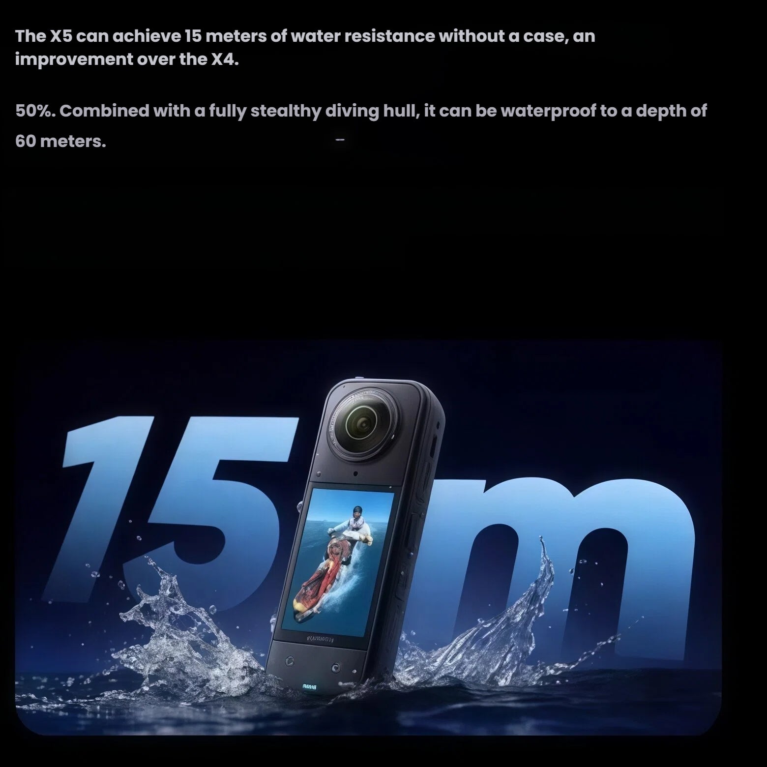 The Insta360 X5 action camera splashing into water, demonstrating its improved ruggedness and ability to be waterproof down to 15 meters (50ft) without an external case.