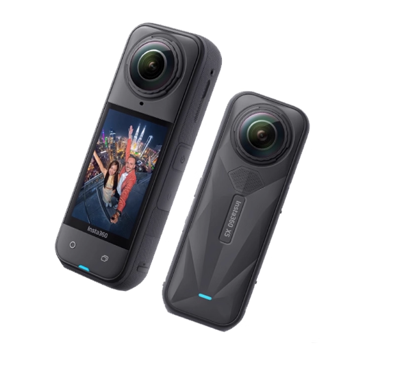 The Insta360 X5 8K 360 action camera shown from the front, displaying its large touchscreen, and from the back, highlighting its new textured grip and design.