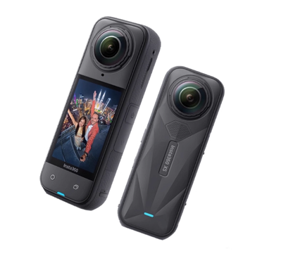 The Insta360 X5 8K 360 action camera shown from the front, displaying its large touchscreen, and from the back, highlighting its new textured grip and design.