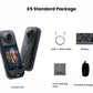 An image displaying the contents of the Insta360 X5 standard package, which includes the X5 camera, a battery, a USB-C data cable, a lens cleaning cloth, and a portable storage bag.