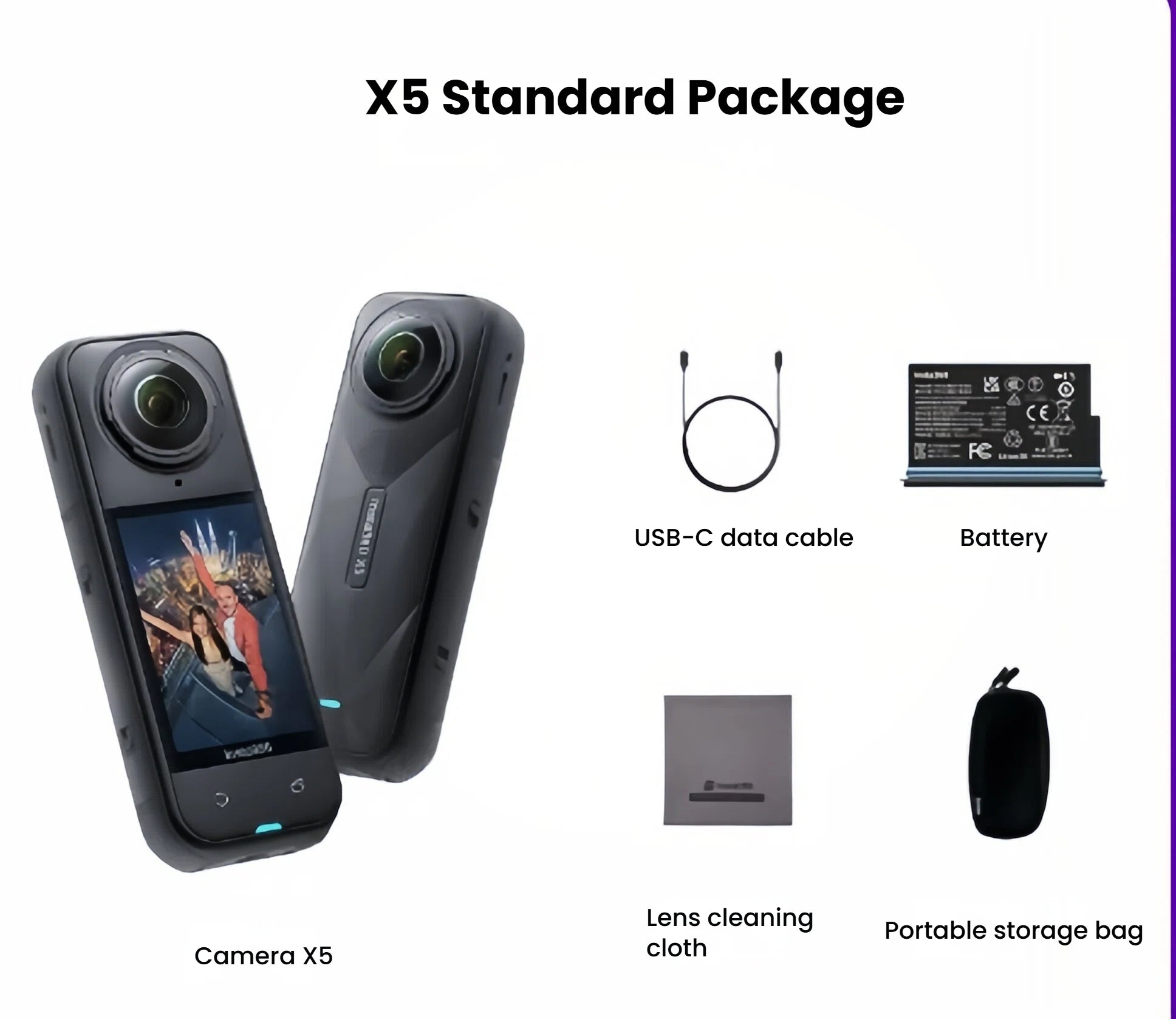 An image displaying the contents of the Insta360 X5 standard package, which includes the X5 camera, a battery, a USB-C data cable, a lens cleaning cloth, and a portable storage bag.