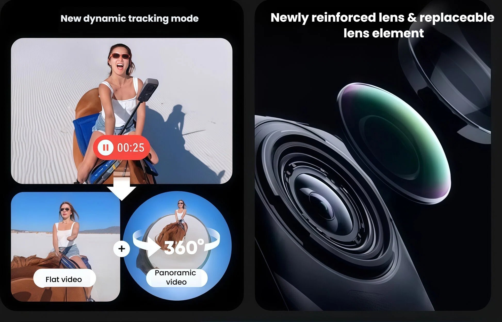 A feature graphic for the Insta360 X5, highlighting the newly reinforced and replaceable lens element for durability, and the dynamic tracking mode for easy video creation.