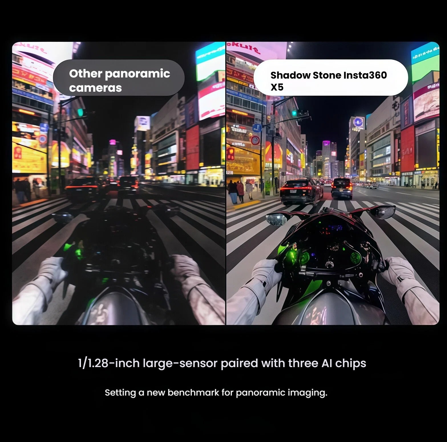A comparison of a nighttime city scene from a motorcycle, showing the superior clarity and color of the Insta360 X5, powered by its 1/1.28-inch large sensor, versus other panoramic cameras.