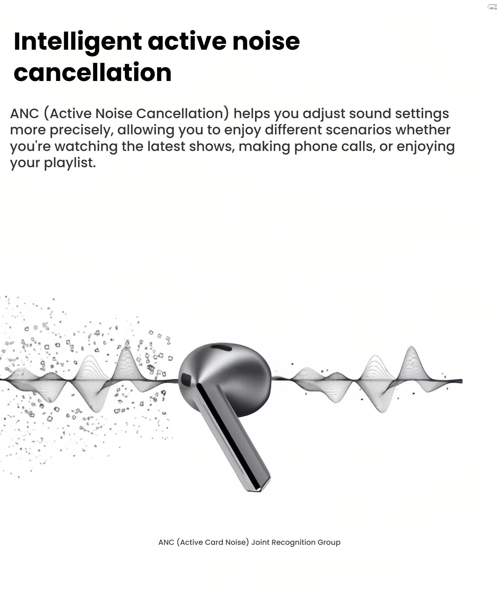 A graphic illustrating how the intelligent Active Noise Cancellation (ANC) on the Samsung Galaxy Buds3 helps you adjust sound settings for an immersive experience, whether listening to music or making calls.