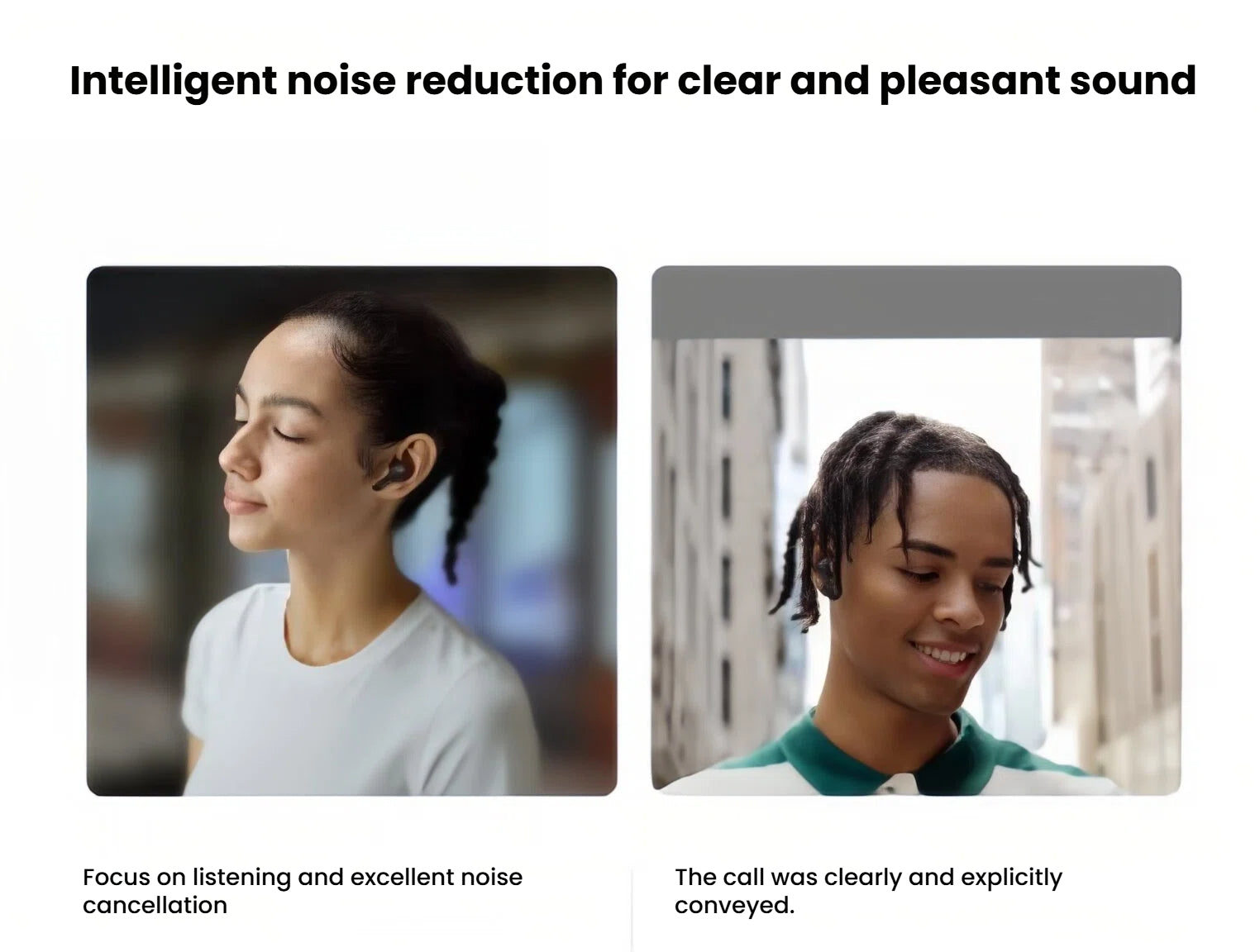 Two images demonstrating the intelligent noise reduction of the Samsung Galaxy Buds3 FE, one showing a person focused on listening with noise cancellation and the other showing a person having a clear call outdoors.