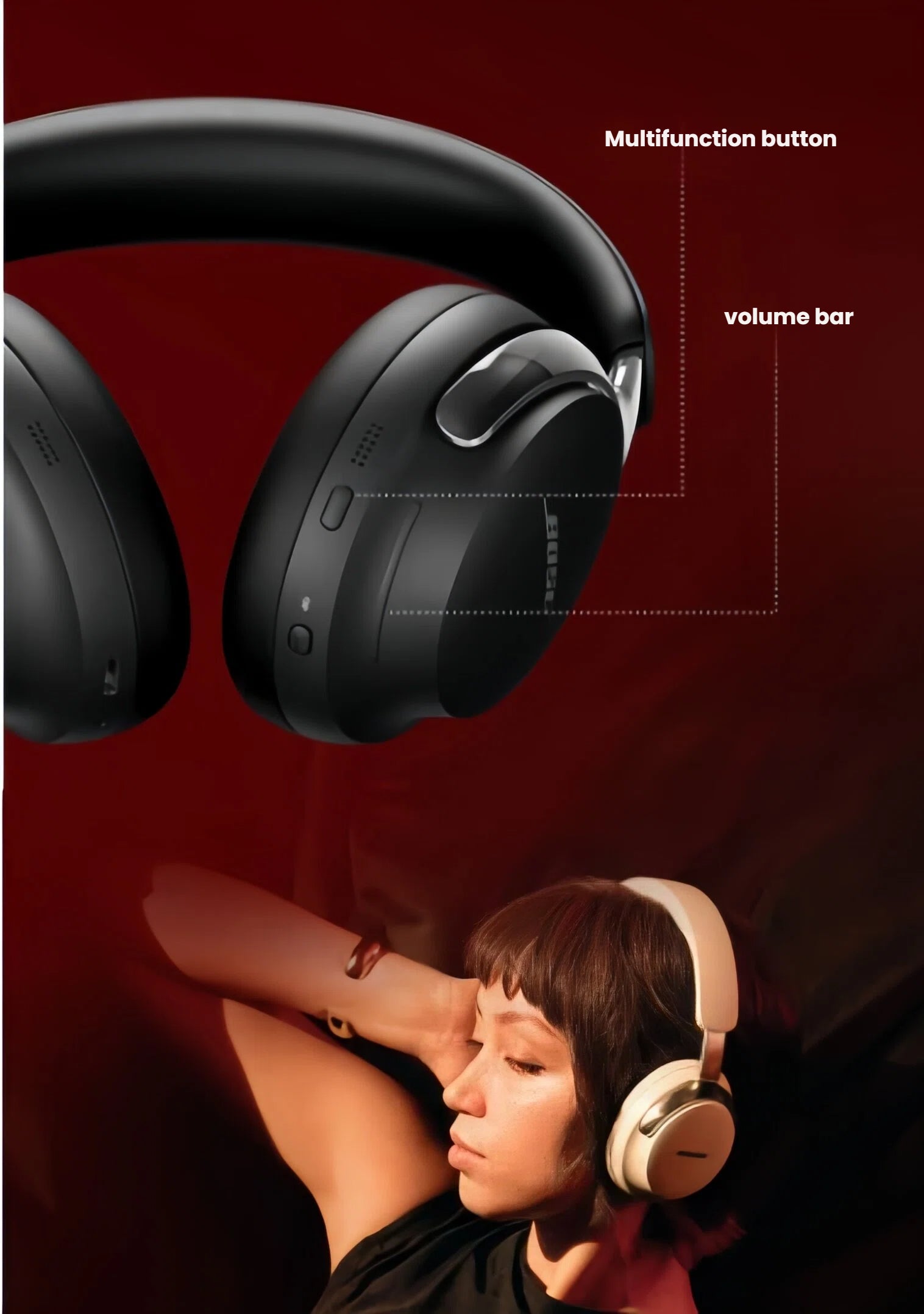  An image showcasing the intuitive on-earcup controls of the black Bose QC Ultra Headphones, pointing out the multifunction button and the capacitive volume bar for easy and convenient audio management.