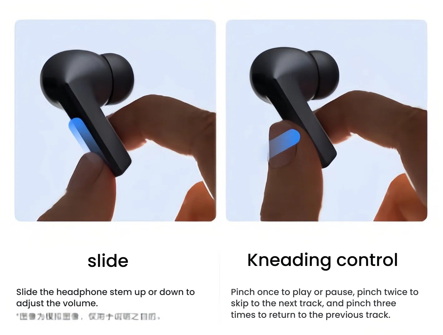 A demonstration of the intuitive touch controls on the Samsung Galaxy Buds3 FE, showing how to slide a finger on the stem to adjust volume and pinch the stem to control music playback.
