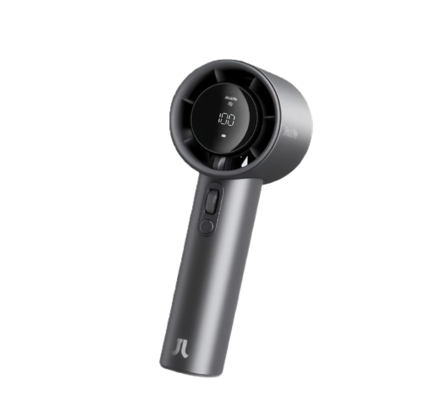 The sleek, dark grey JISULIFE Handheld Fan Pro1s with its digital display showing the wind speed set to 100, on a clean white background.