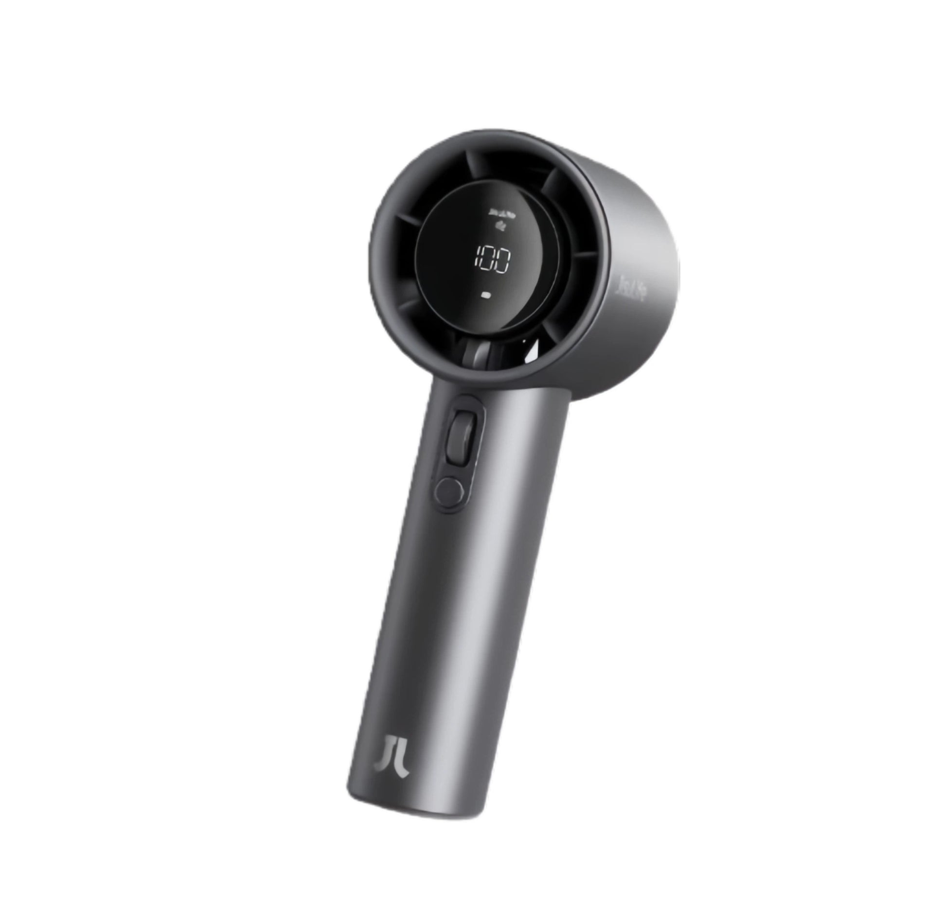 The sleek, dark grey JISULIFE Handheld Fan Pro1s with its digital display showing the wind speed set to 100, on a clean white background.