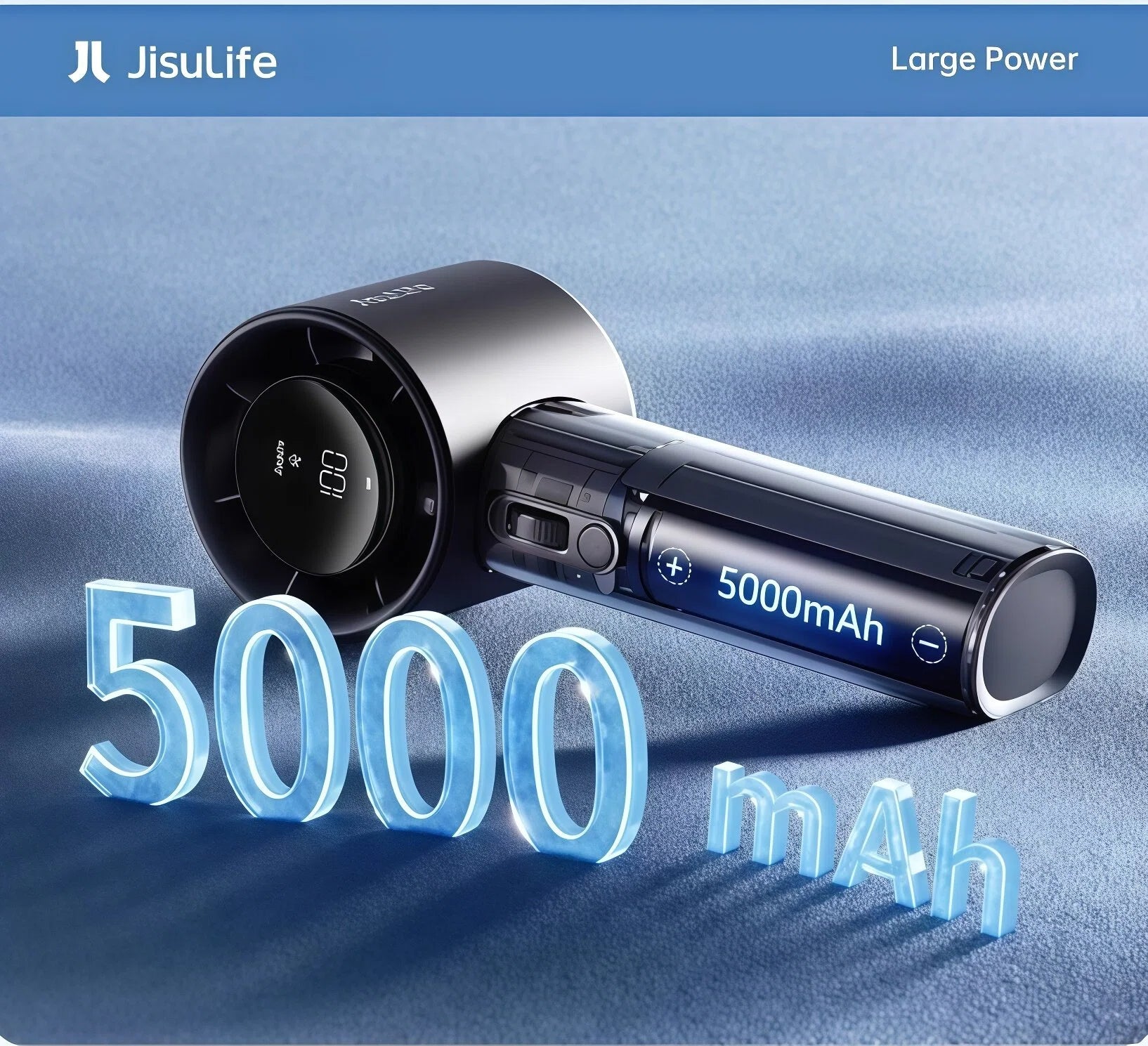 A graphic showcasing the powerful 5000mAh battery of the JISULIFE Pro1s portable fan, which provides long-lasting cooling power for extended use.