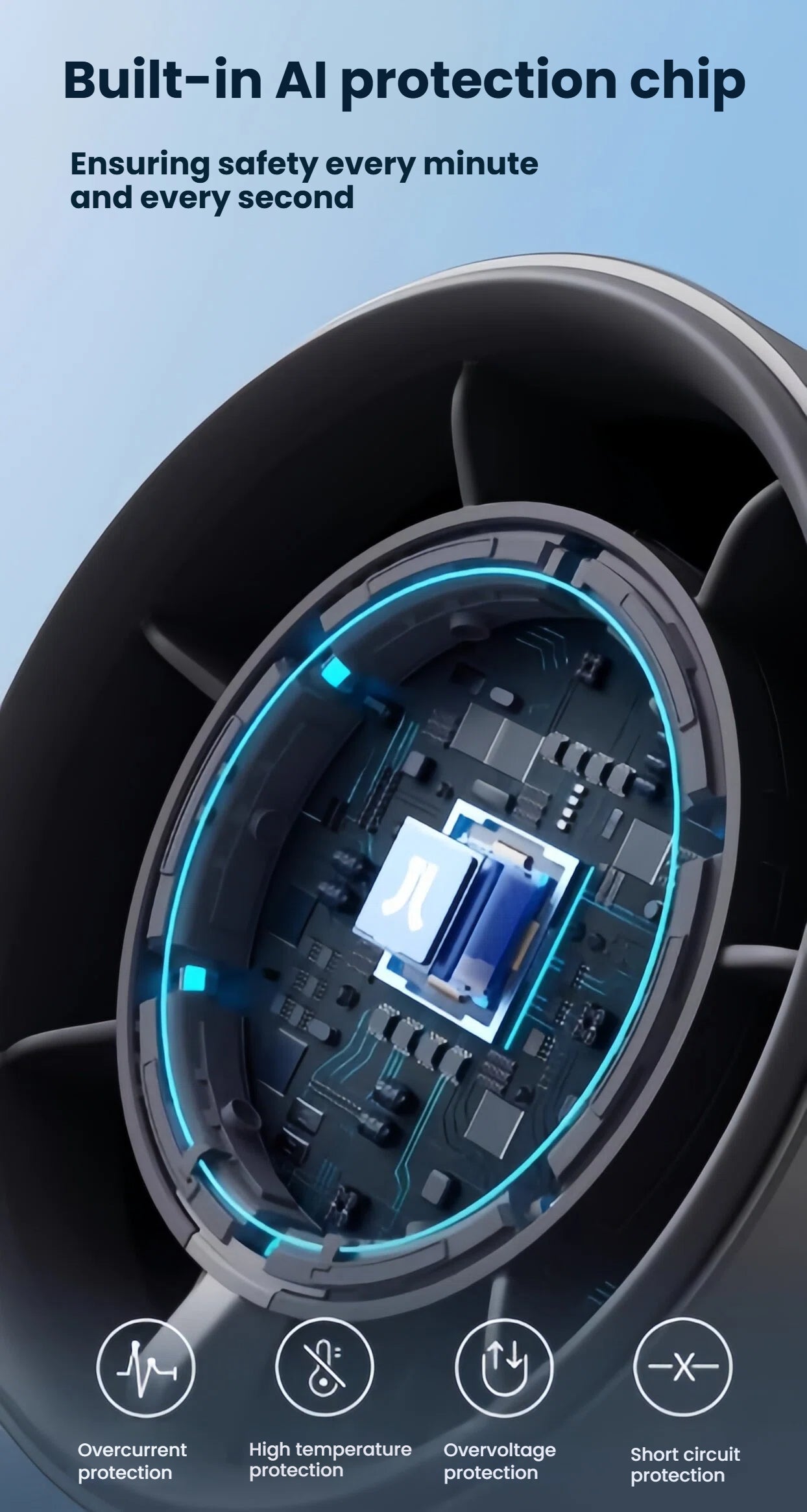 A close-up of the built-in AI protection chip inside the JISULIFE Pro1s fan, which ensures safety with overcurrent, high temperature, overvoltage, and short circuit protection.