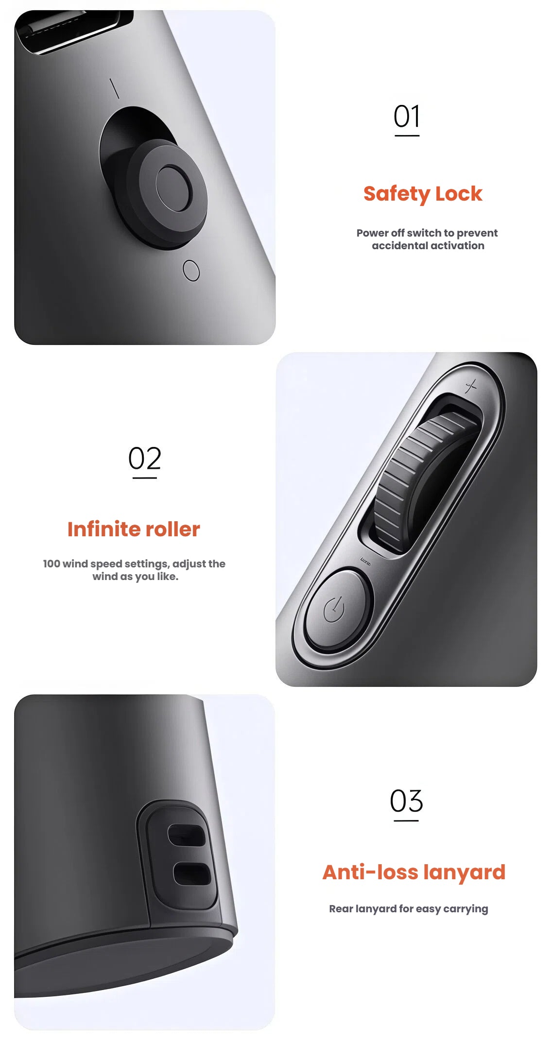A detailed collage of the JISULIFE Pro1s fan's user controls, including the power-off safety lock, the infinite roller for 100 adjustable wind speeds, and the rear lanyard slot.