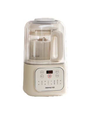 The Joyoung 1.2L low-noise blender in a sleek, off-white finish. It features a soundproof cover, a user-friendly digital control panel, and is shown as an ideal quiet soy milk and smoothie maker.