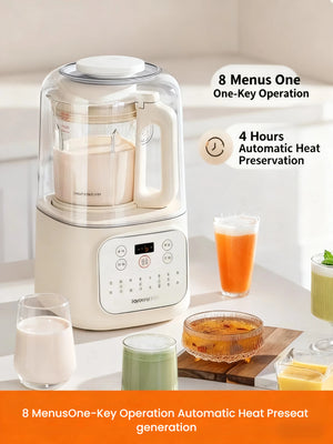 The Joyoung multi-function blender on a kitchen counter surrounded by various healthy drinks. This image highlights its smart features, including 8 one-key menus for easy operation and a 4-hour automatic heat preservation function to keep drinks warm.