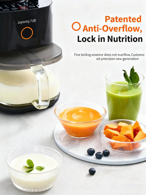 A display of various healthy foods made with the Joyoung Y3 blender, including green juice, soup, and baby food, demonstrating its patented anti-overflow feature that locks in nutrition.