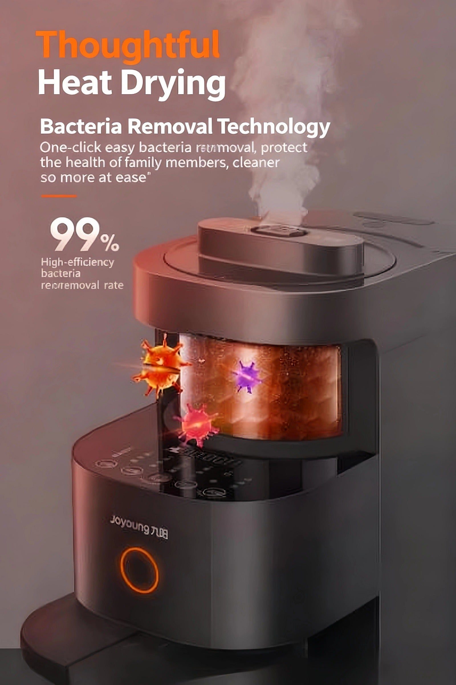 An illustration of the Joyoung Y3 blender's heat drying function, which provides a 99% high-efficiency bacteria removal rate for a hygienic and safe appliance.