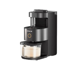 The black Joyoung Y3 Automatic Home Soy Milk Maker and High-Speed Blender shown from the front with the glass pitcher filled with fresh soy milk.
