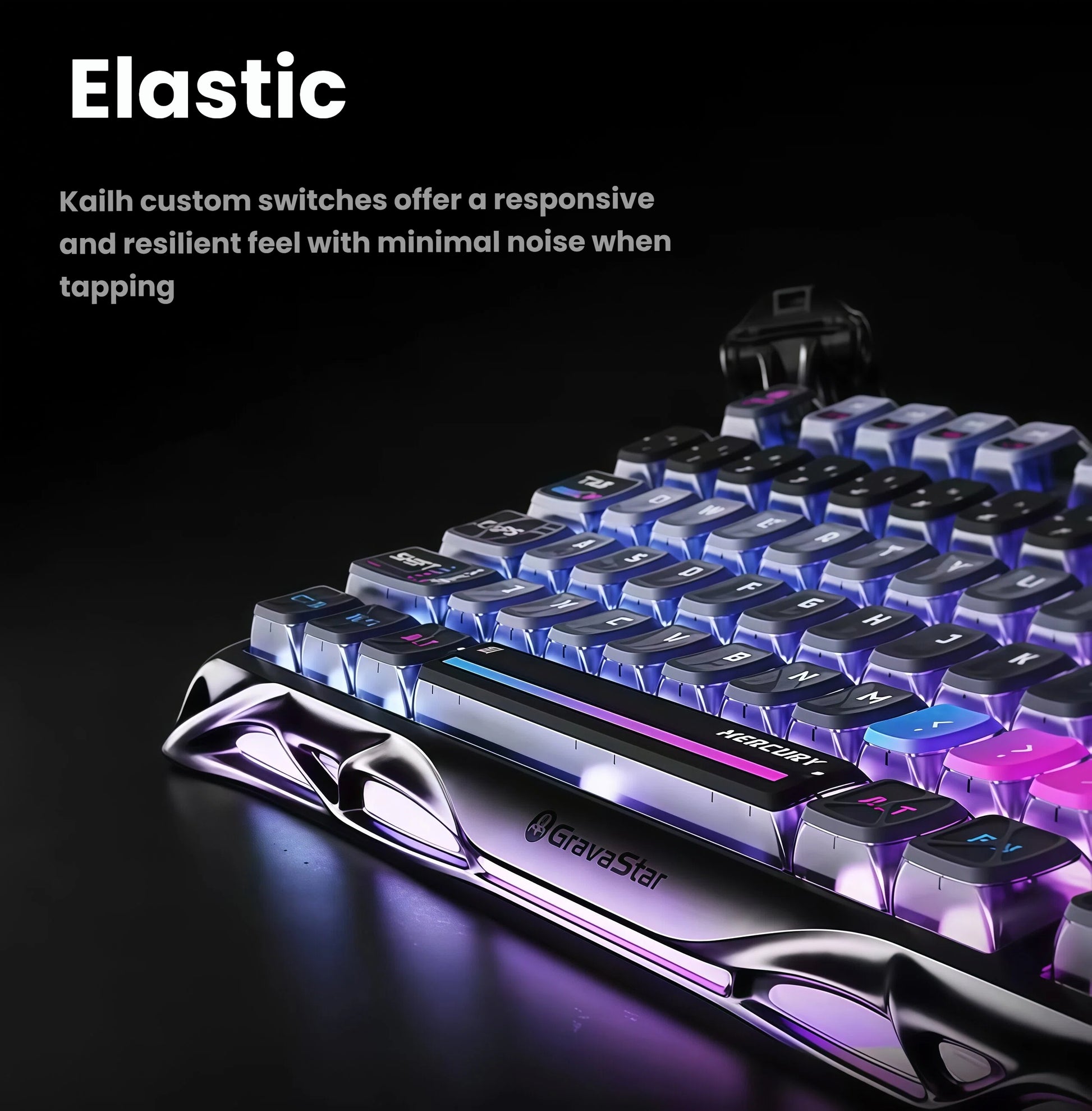 Side view of the GravaStar Mercury K1 Pro keyboard highlighting Kaih custom mechanical switches that deliver responsive, quiet, and resilient tactile feedback for fast-paced gaming.