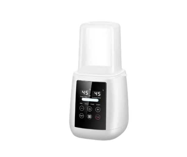 White Kangaroo Fitness baby bottle warmer with digital screen showing 45°C temperature control, featuring milk warming, defrost, food heating, and steam sterilization functions.