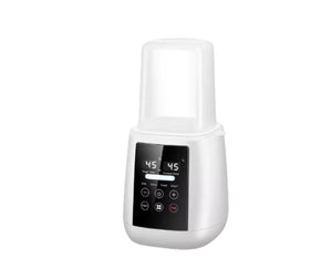 White Kangaroo Fitness baby bottle warmer with digital screen showing 45°C temperature control, featuring milk warming, defrost, food heating, and steam sterilization functions.