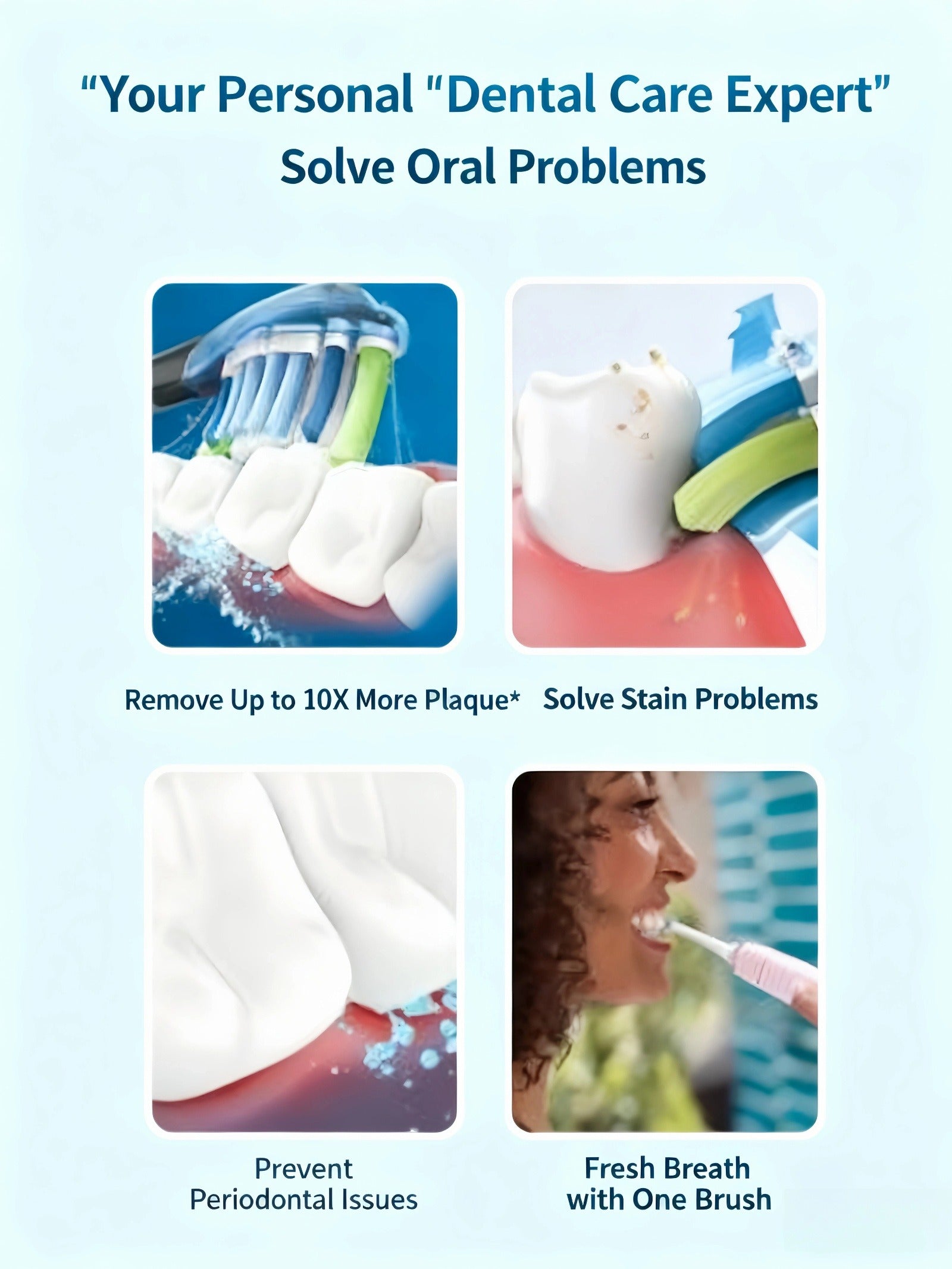 A visual guide to the oral health benefits of using the Philips Sonicare DiamondClean 9000, which includes removing up to 10x more plaque, solving stain problems, preventing gum issues, and ensuring fresh breath.