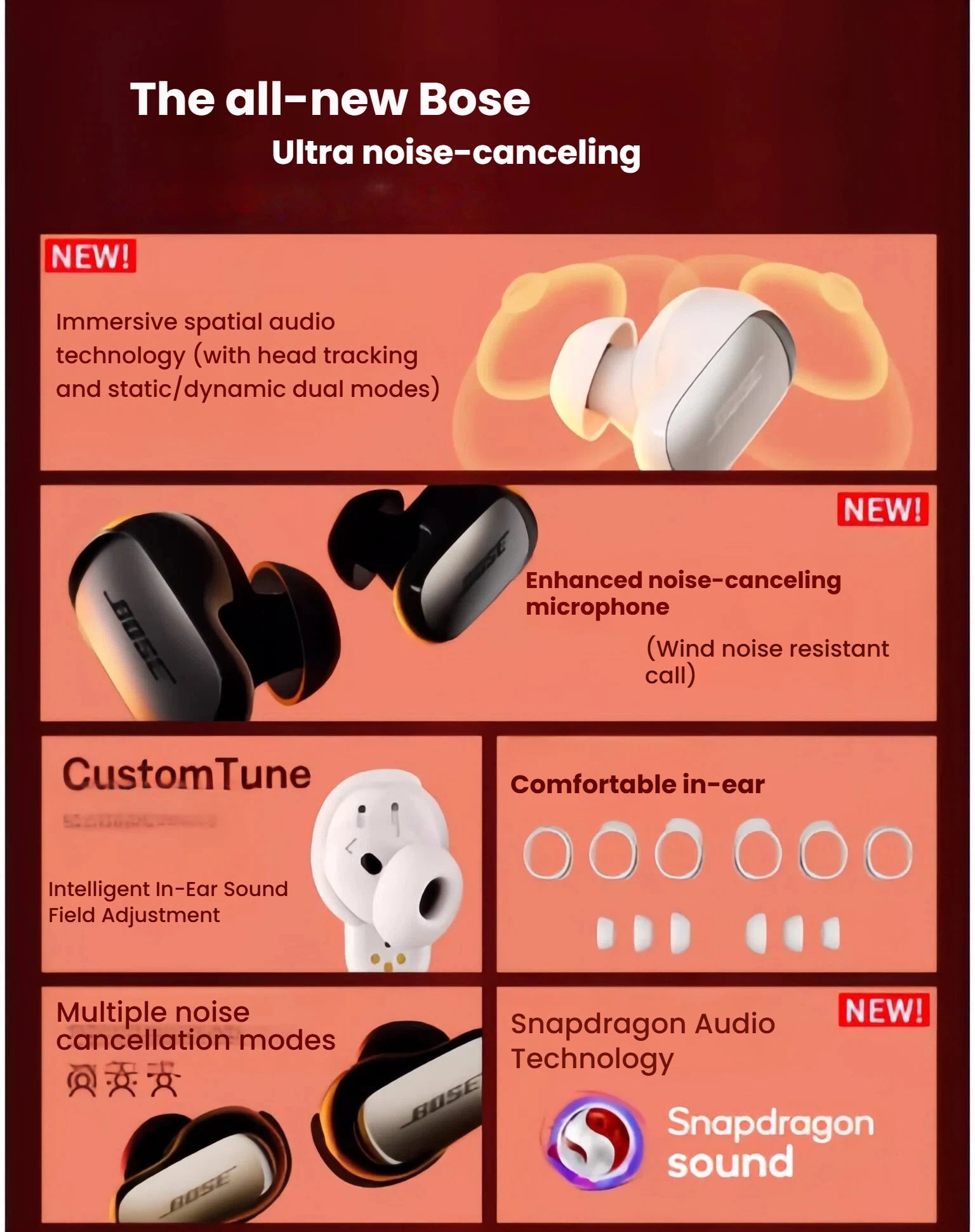 A detailed collage showcasing the advanced features of the Bose QuietComfort Ultra Earbuds, including immersive spatial audio with head tracking, enhanced noise-cancelling microphones, CustomTune technology, and Snapdragon Sound.