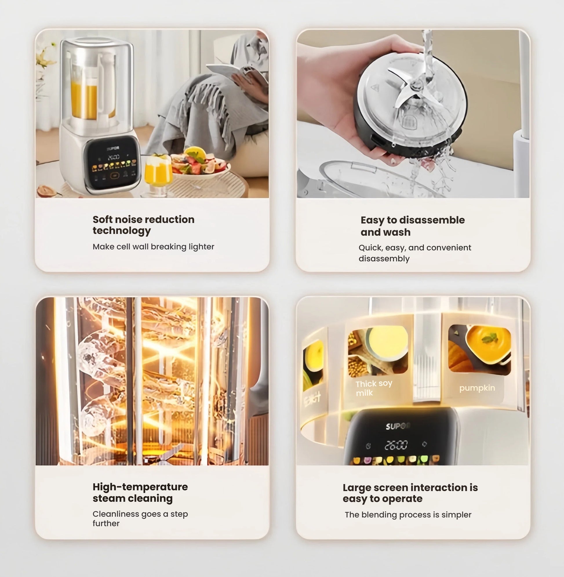 A collage highlighting four main benefits of the SUPOR blender: 1) Soft noise reduction technology for quiet operation. 2) Easy to disassemble and wash parts. 3) High-temperature steam cleaning for enhanced hygiene. 4) A large, easy-to-operate screen.