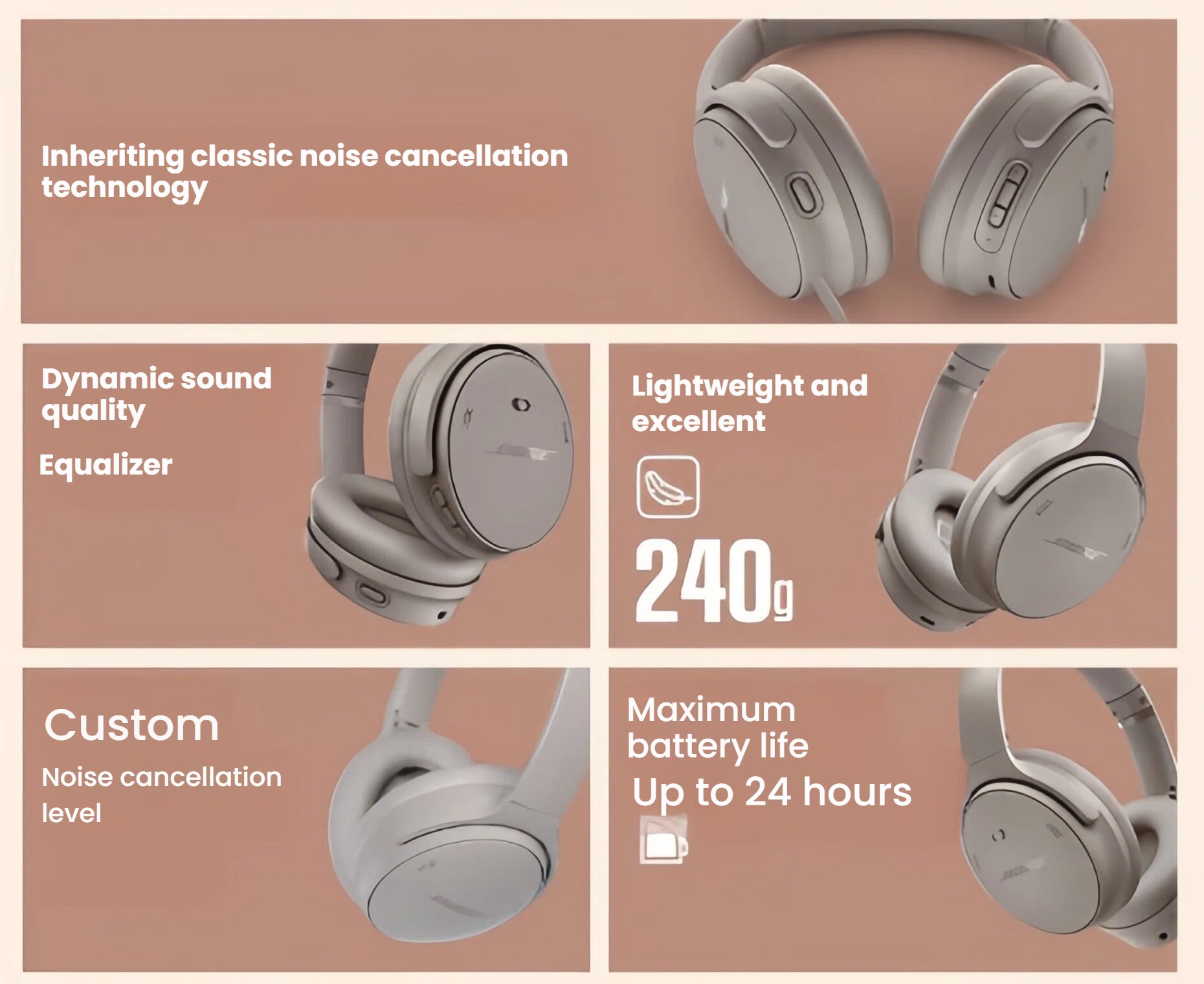 A collage highlighting the main features of the Bose QuietComfort Headphones, including classic noise cancellation, dynamic sound with equalizer, a lightweight 240g design, custom noise cancellation levels, and a maximum battery life of up to 24 hours.