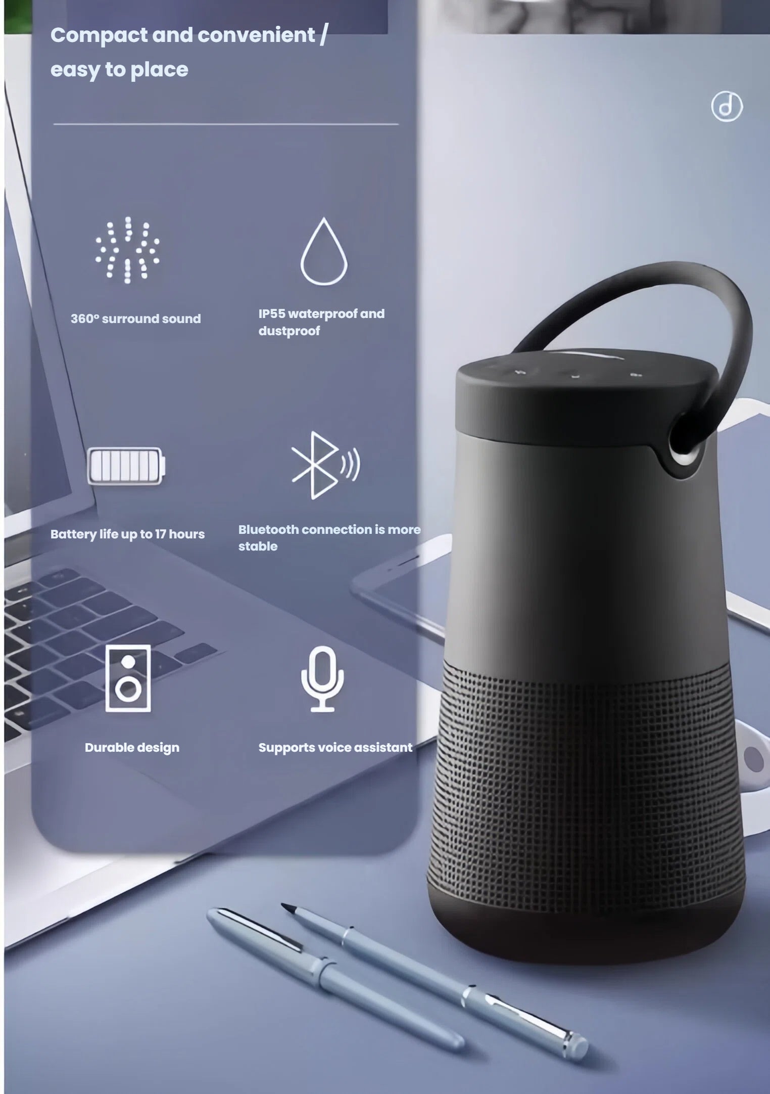 A feature summary graphic of the black Bose SoundLink Revolve+ II speaker, displaying icons for its core benefits: 360° surround sound, IP55 waterproof rating, 17-hour battery life, stable Bluetooth, durable design, and voice assistant support.