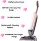 An infographic highlighting the main features of the pink Tineco FLOOR ONE S7 Artist, including 22kPa suction power, a 180° lay-flat design, 50-minute runtime, FlashDry self-cleaning system, and DualBlock anti-tangle technology.