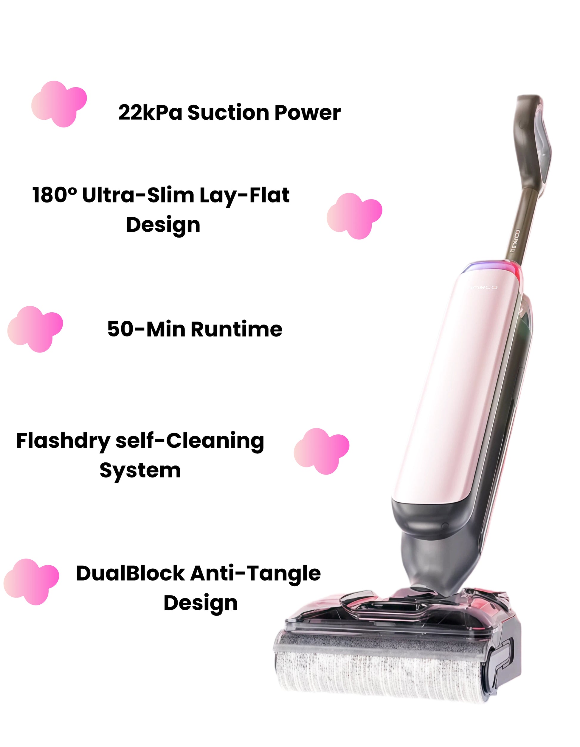An infographic highlighting the main features of the pink Tineco FLOOR ONE S7 Artist, including 22kPa suction power, a 180° lay-flat design, 50-minute runtime, FlashDry self-cleaning system, and DualBlock anti-tangle technology.