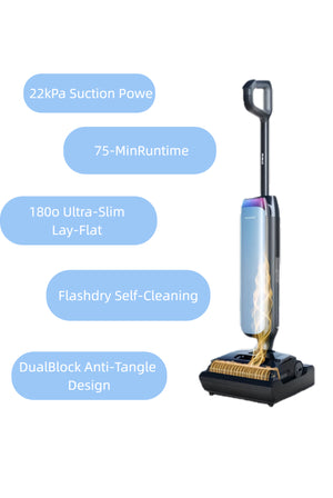 An overview of the Tineco FLOOR ONE S9 Artist Pro's main features, including 22kPa suction power, 75-minute runtime, 180-degree lay-flat design, Flashdry self-cleaning, and DualBlock anti-tangle technology.