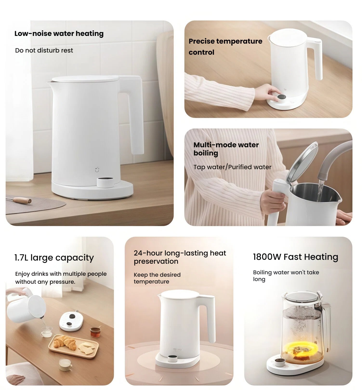 An infographic showcasing the main features of the Xiaomi Smart Kettle 2 Pro: low-noise water heating, precise temperature control, multi-mode boiling, 1.7L large capacity, 24-hour heat preservation, and 1800W fast heating.
