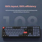 Front view of Keychron K10 Pro full-size wireless mechanical keyboard with 108-key layout, black aluminum chassis, and red ESC and Enter keys, designed for professional typing and productivity.