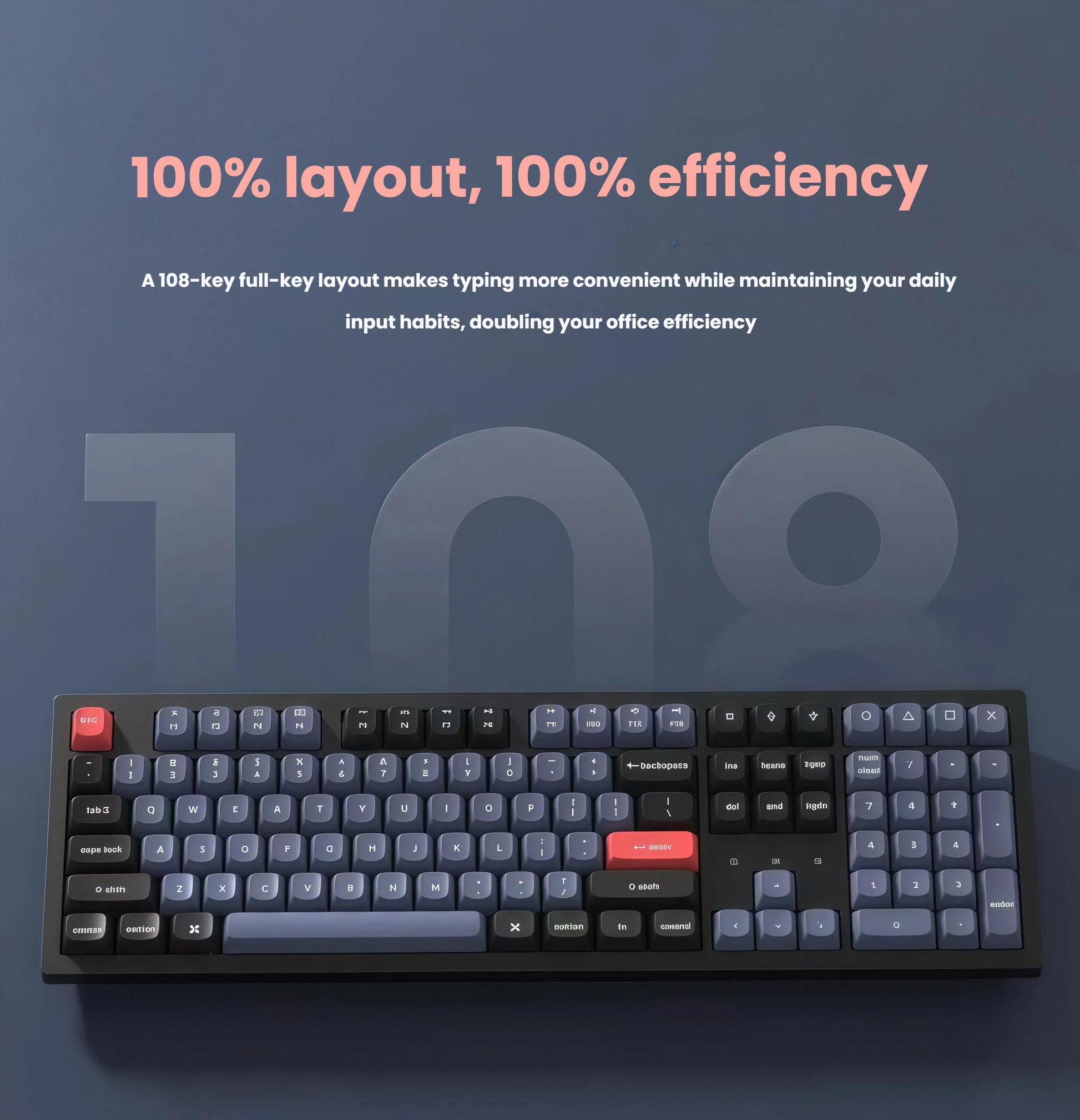 Front view of Keychron K10 Pro full-size wireless mechanical keyboard with 108-key layout, black aluminum chassis, and red ESC and Enter keys, designed for professional typing and productivity.
