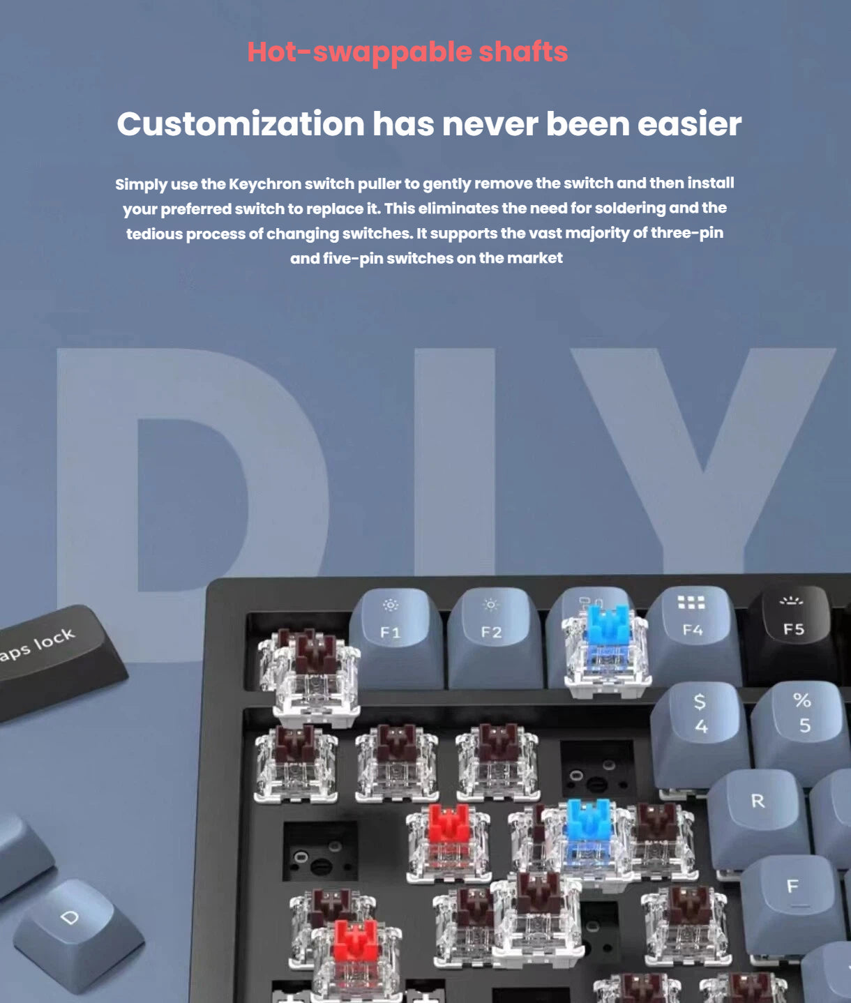 Top-down view of Keychron K10 Pro keyboard with exposed hot-swappable switches (red, brown, blue), showcasing customizable tactile feedback without soldering using the included switch puller.