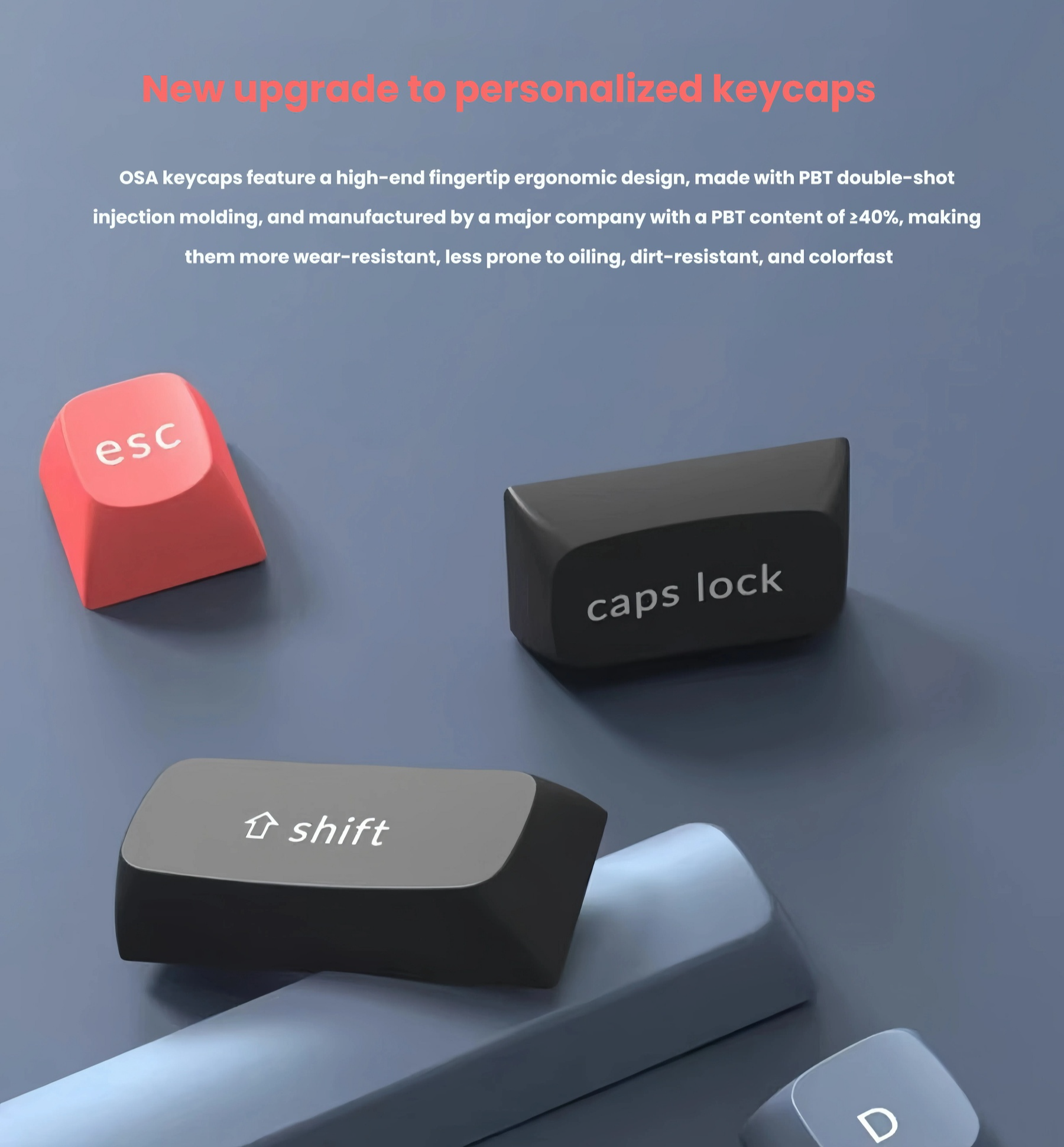 Close-up of Keychron K10 Pro OSA keycaps made from high-quality PBT double-shot injection molding, featuring ≥40% PBT content for wear resistance, anti-oiling, dirt resistance, and long-lasting color integrity.