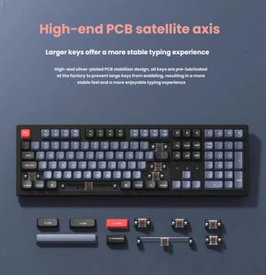 Close-up of Keychron K10 Pro keyboard showing high-end silver-plated PCB satellite stabilizers for large keys like spacebar, shift, and enter, pre-lubricated at the factory for stable and smooth typing.