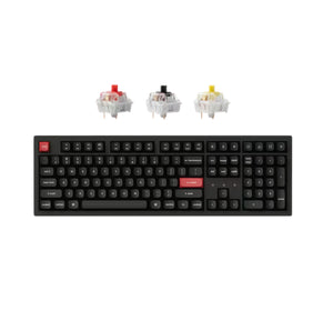 Full view of Keychron K10 Pro mechanical keyboard with three switch options shown above: red (linear), brown (tactile), and blue (clicky), offering customizable typing experience for different preferences.