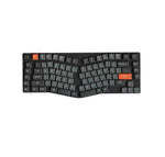 Front view of Keychron K15 Max mechanical keyboard in Alice layout with split ergonomic design, featuring dark gray keycaps, orange accent keys, and integrated multimedia controls.